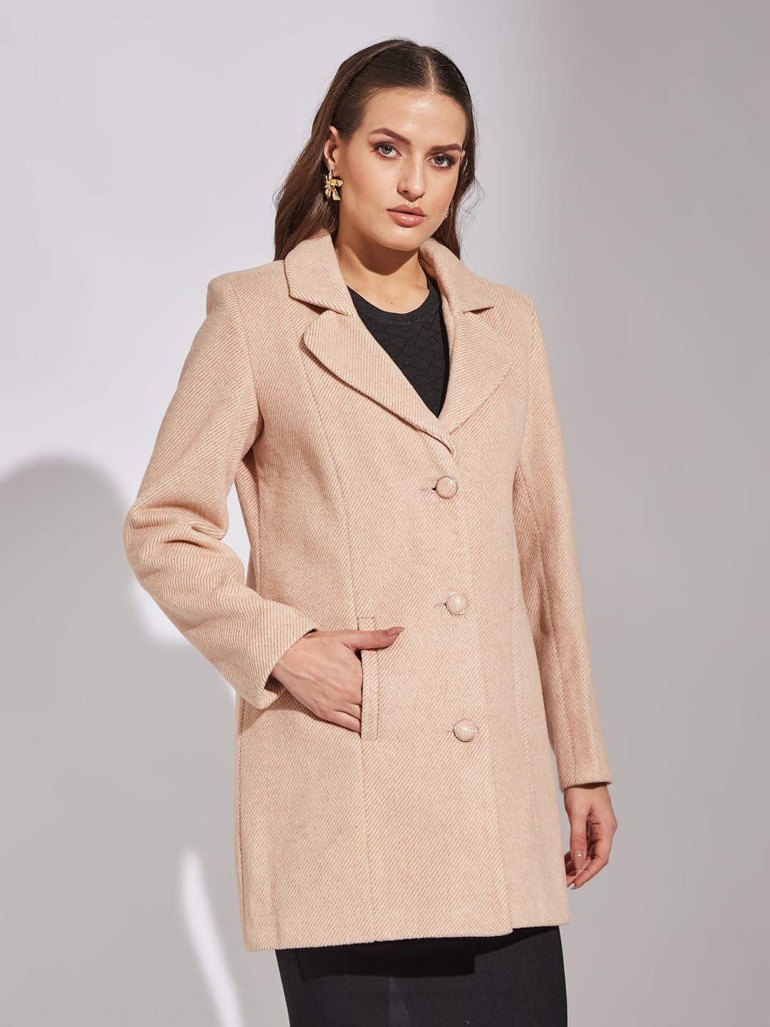 Latin Quarters Women Beige Full Sleeve Casual Solid Coat_XL