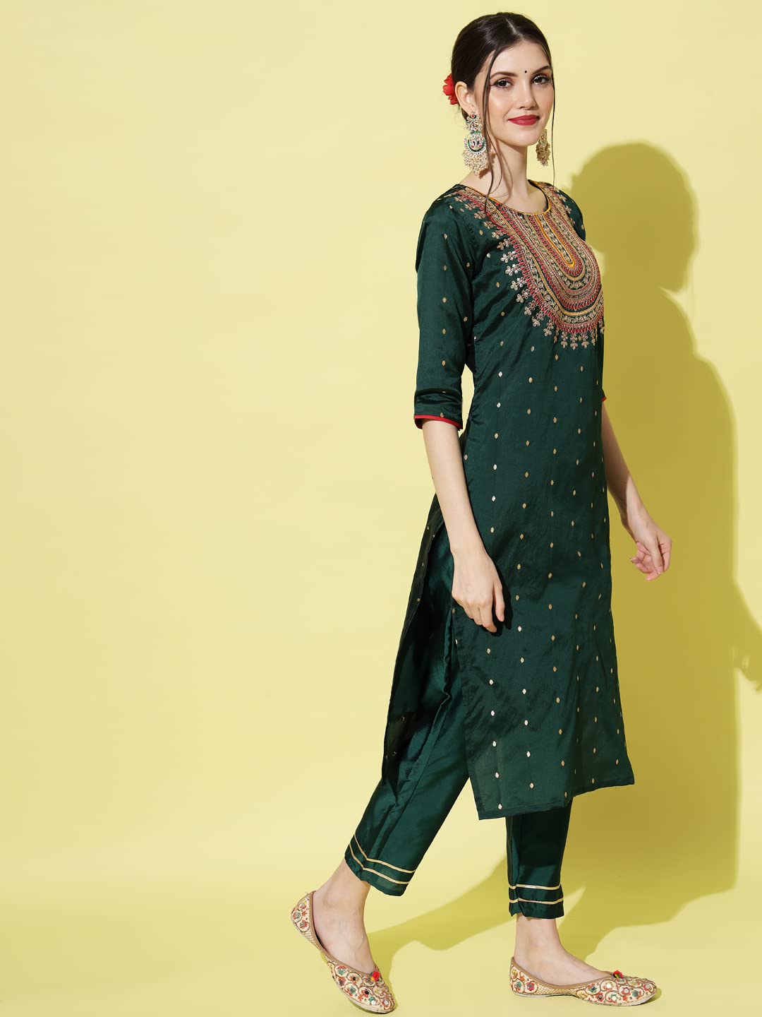 VredeVogel Women's Silk Blend Embroidered Straight Kurta & Trousers Pant With Dupatta (Green_X-Large, Regular Fit)