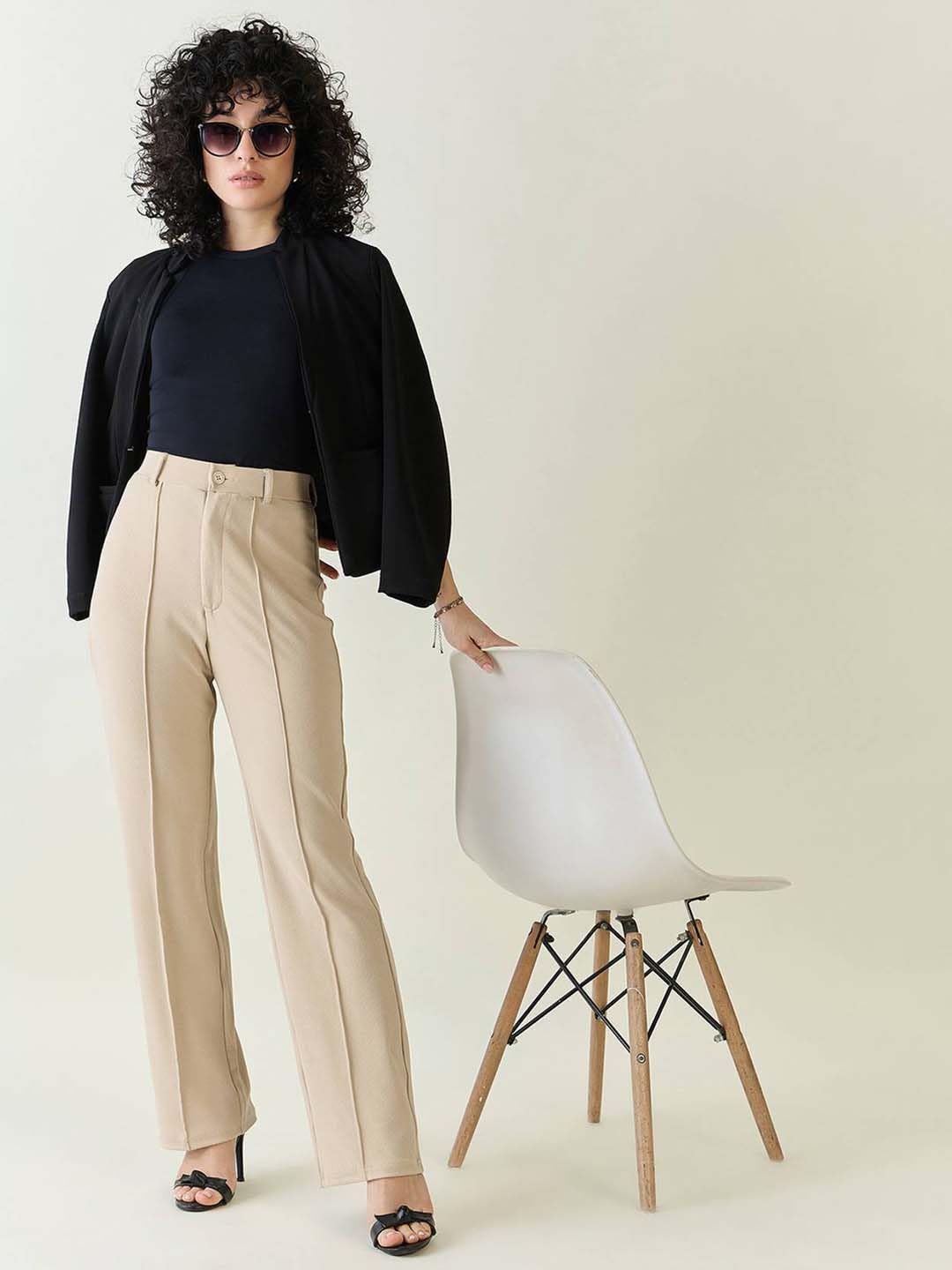 KOTTY Womens Solid Polyester Blend Best Beige Straight fit Trousers (Beige,32)