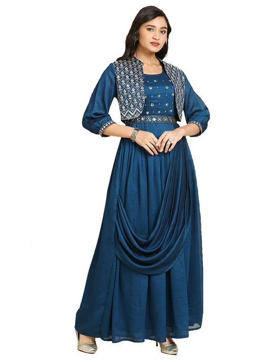 madhuram textiles Women's Long Gown For Solid Silk With Heavy Embroidery And Hand Work Belt And Jacket With Round Neck Gown(M-2424 Peacock Blue_Xx-Large)