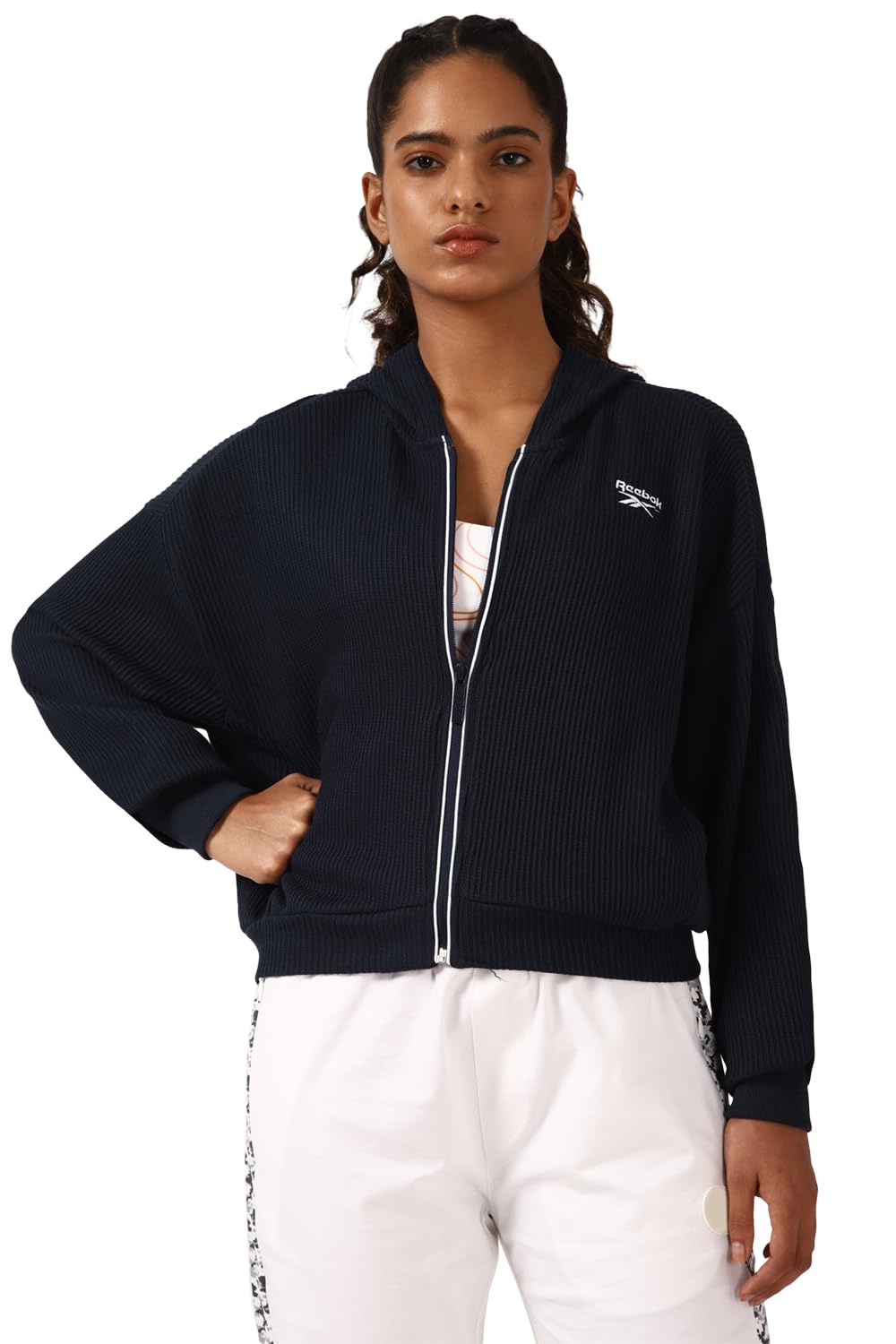 Reebok Women's Polyester Blend Hooded Neck Sweatshirt (II3200_Navy