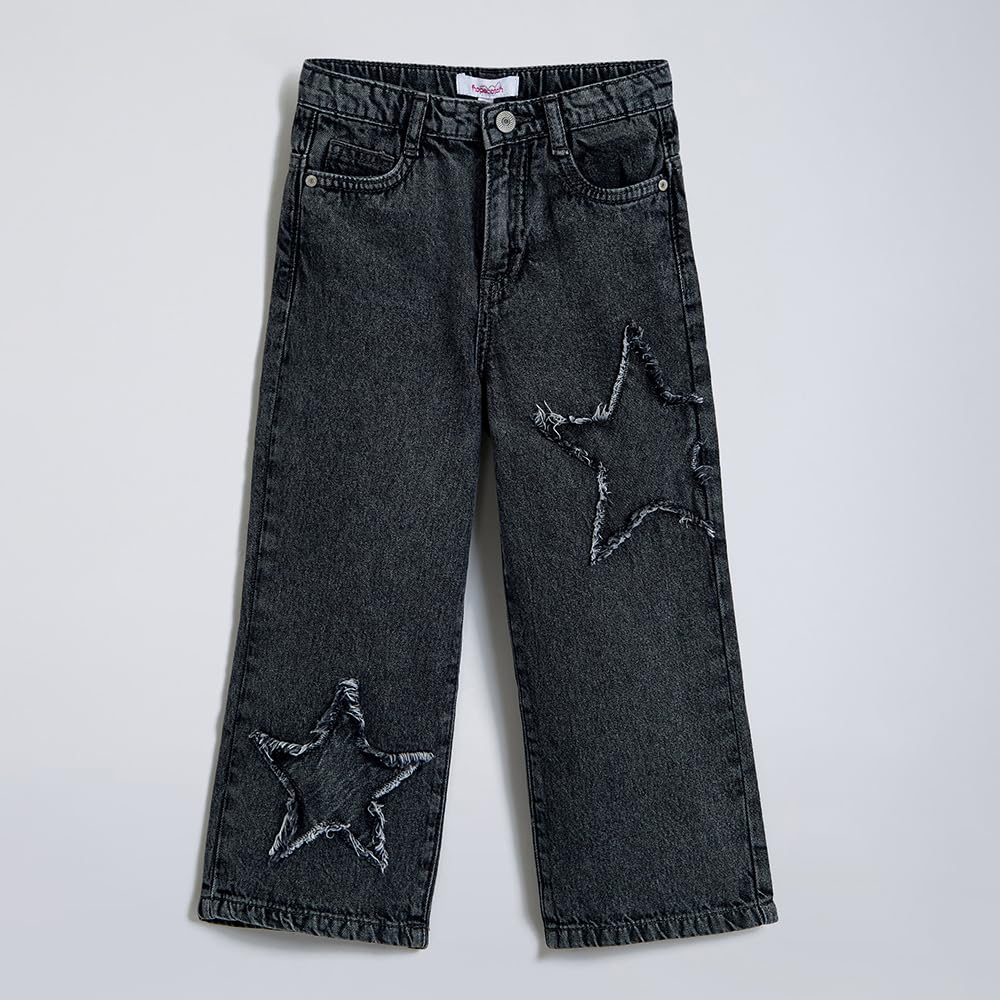 Hopscotch Girls Black Star Applique Cotton Wide Leg Jeans (6-7 Years)