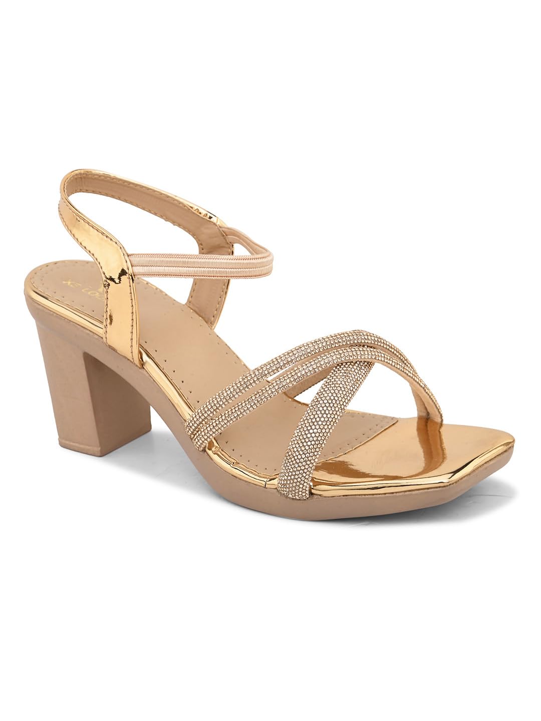 XE Looks Women's Gold Elegant Block Heels | Cross-Strap Sandals for Women | Stylish with Glossy Finish Comfortable Block Heels For Girls & Women