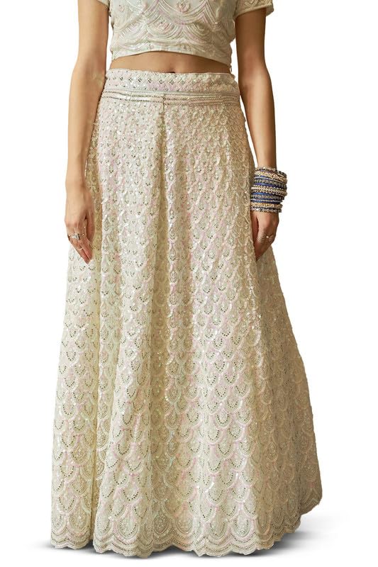 Soch Womens Cream Net All-Over Sequin Embellished Unstitched Lehenga Set with Belt