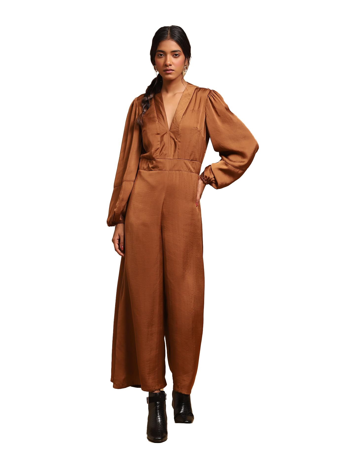 Ritu Kumar V-Neck Full Sleeves Solid Jumpsuit Brown