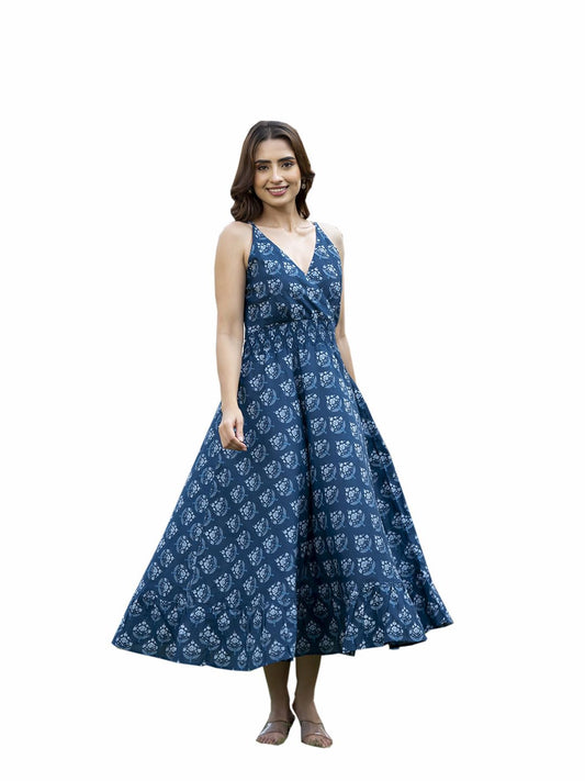 Divena Navy Blue Floral Print Pure Cotton Fit & Flare Dress