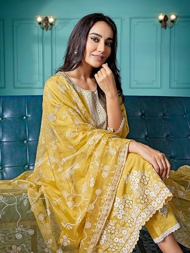 Royal Export Women's Chanderi Ethnic Motifs Embroidered Straight Kurta Pant with Dupatta, kurta sets for women-Yellow