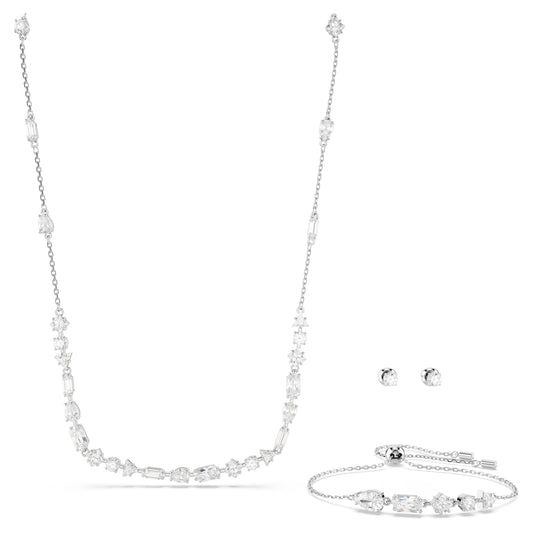 Swarovski Women Mesmera Necklace, Earings And Bracelet Set, Mixed Cuts, Scattered Design, White, Rhodium Plated