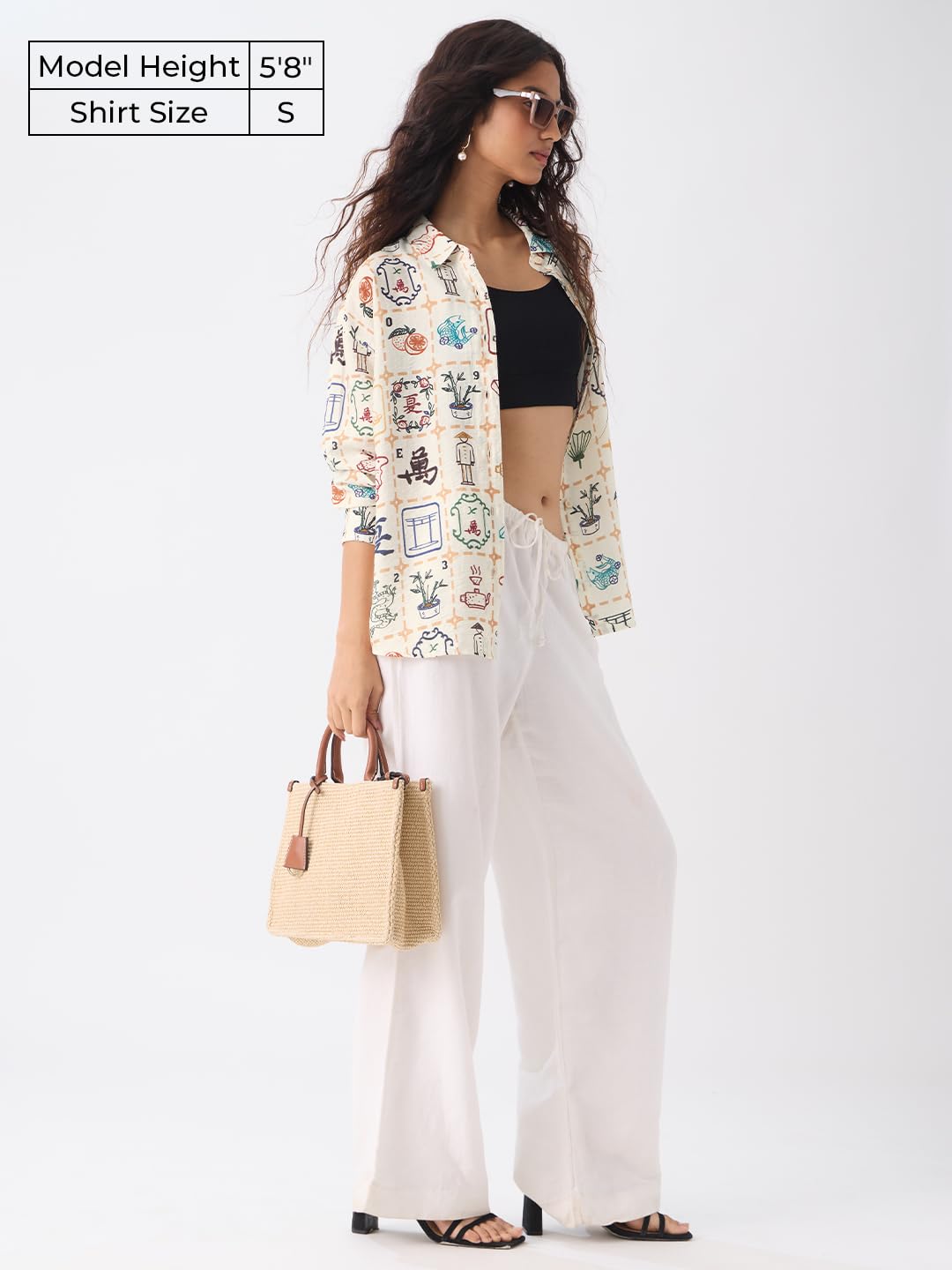 The Souled Store Textured Shirt: Mahjong Tiles Women and Girls Long Sleeves Collared Neck Button Front Beige All Over Printed Oversized Fit Cotton Boyfriend Shirts