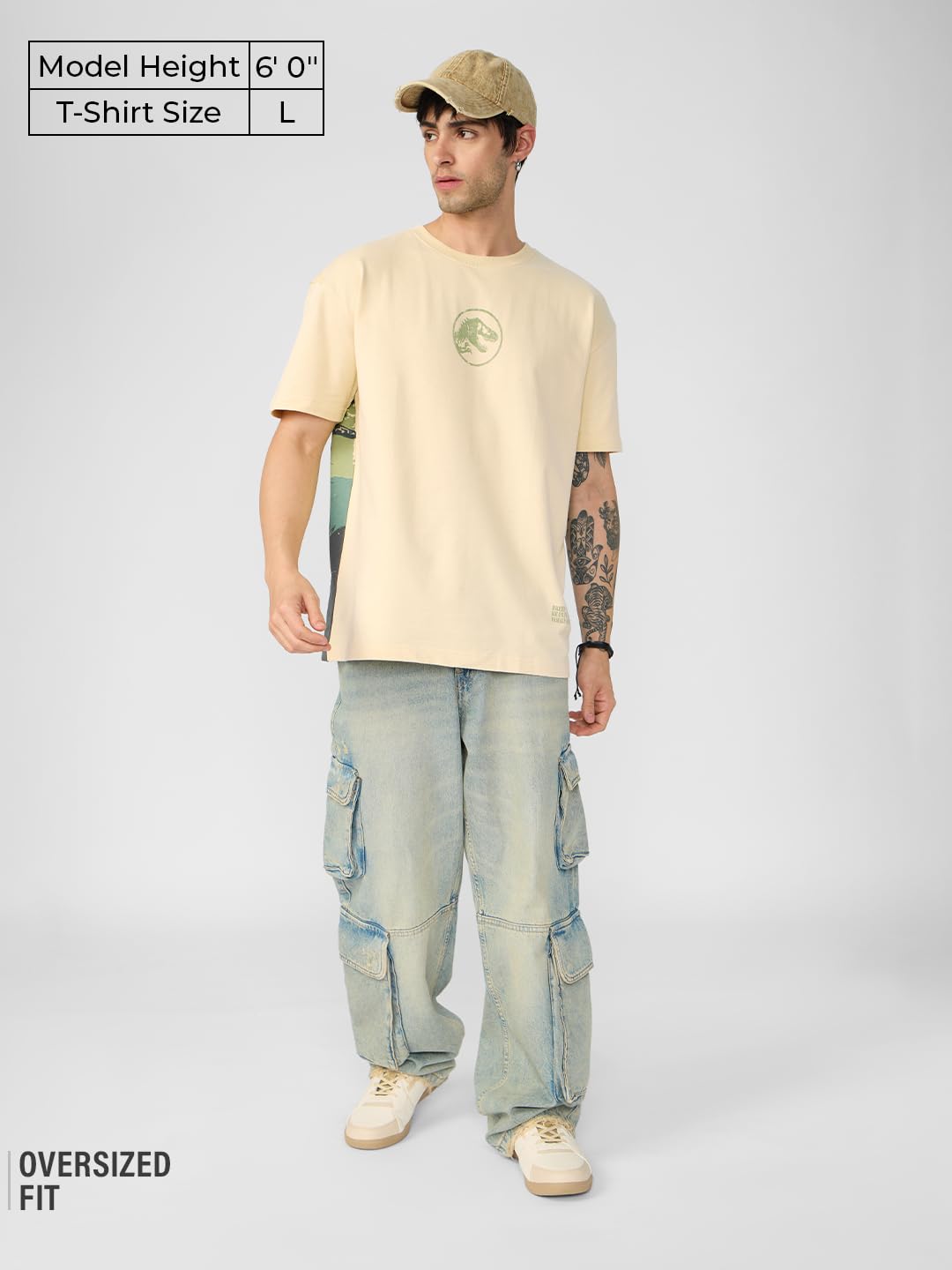 The Souled Store Jurassic World: Dino Park Men and Boys Short Sleeves Round Neck Off White Graphic Printed Cotton Oversized T-Shirts