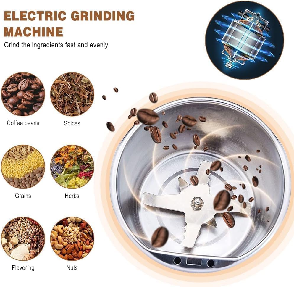 Primwand Electric Herb & Spice Grinder 200W | Stainless Steel 4 Blade Grinder for Dry Masala, Coffee Beans, Nuts & Grains | One-Touch Push Button | Compact & Durable Grinding Machine for Kitchen Use