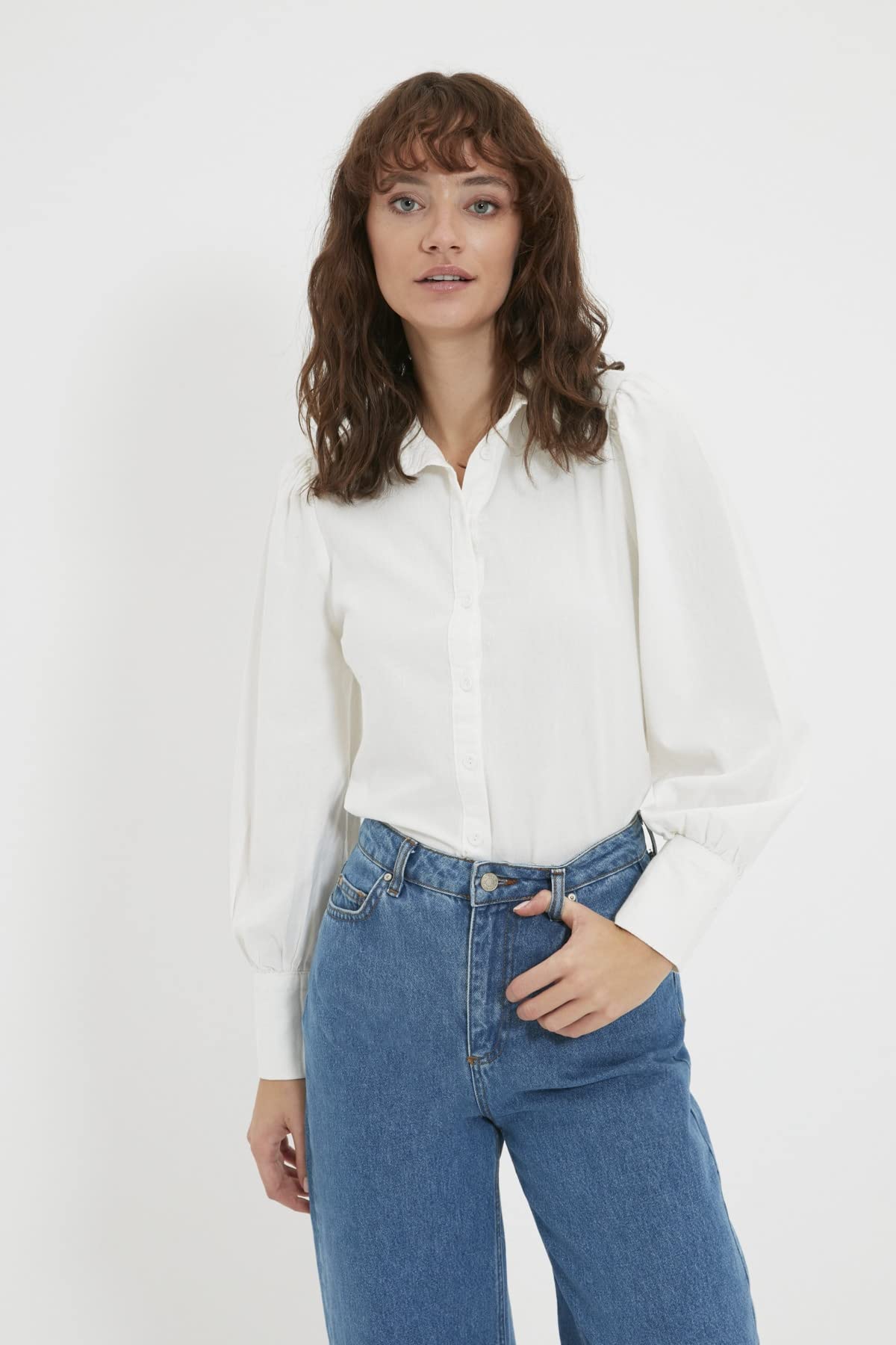 Trendyol Women Regular Basic Shirt Collar Woven Shirt, White, 42