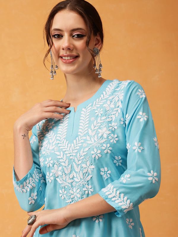 Ada Hand Embroidered Lucknowi Chikankari Muslin Straight Top Tunic Short Kurti for Women A911424 Blue (XS)