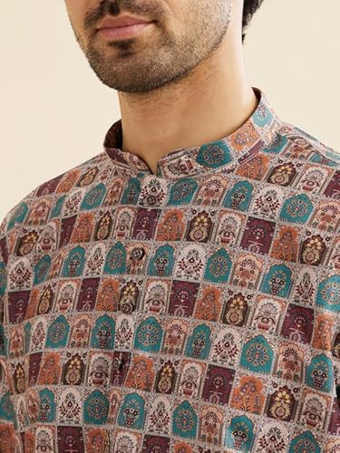 Manyavar Men's Cotton Blend Digital Print Short Kurta (Beige,L)