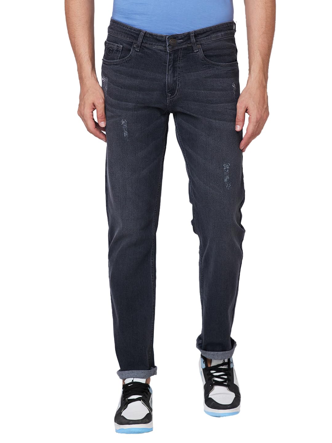 Giordano Mens Mid Rise Stretchable Solid Button Closure Mildly Distressed Cotton 5 Pockets Straight Fit Jeans Mid Black