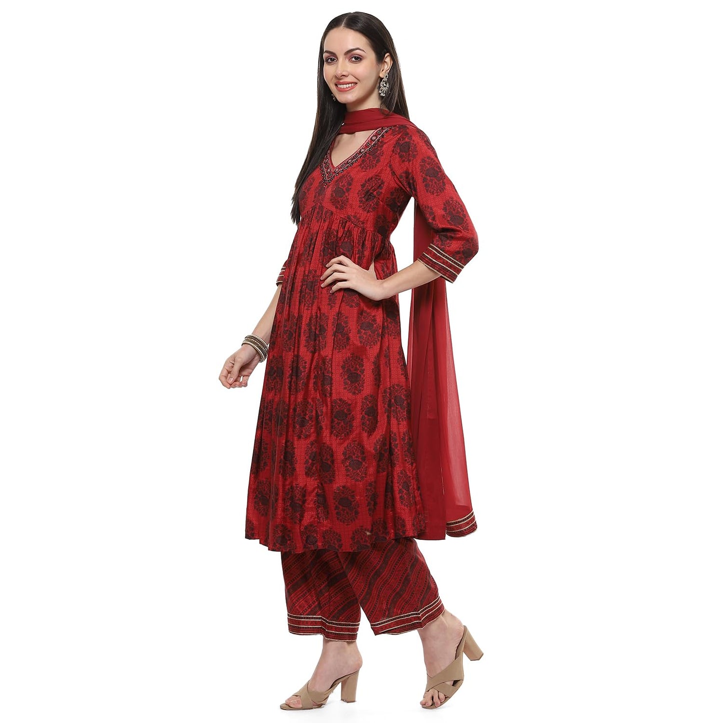 BIBA WOMEN PRINTED GATHERED SALWAR KURTA DUPATTA(SKDAFREEN8845_TERRACOTTA_36)