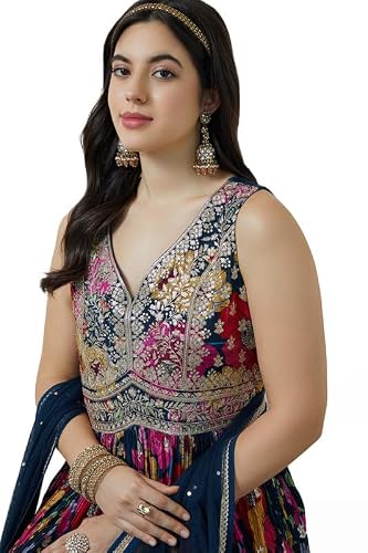 Soch Womens Navy Blue Chinon Blend Botanical Print Alia Cut Gown