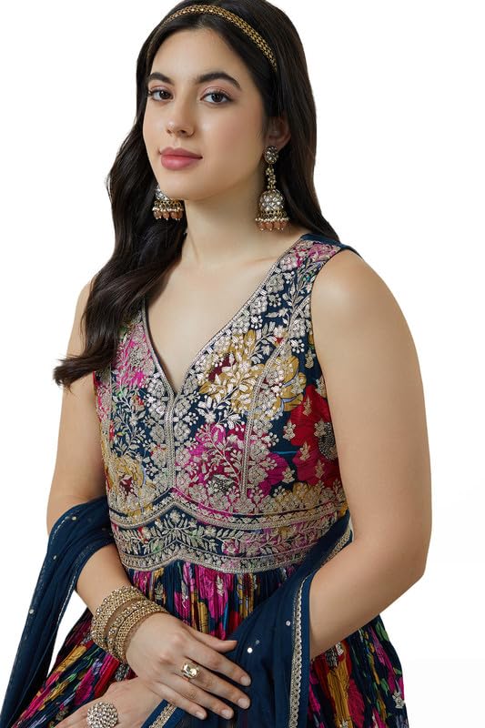 Soch Womens Navy Blue Chinon Blend Botanical Print Alia Cut Gown