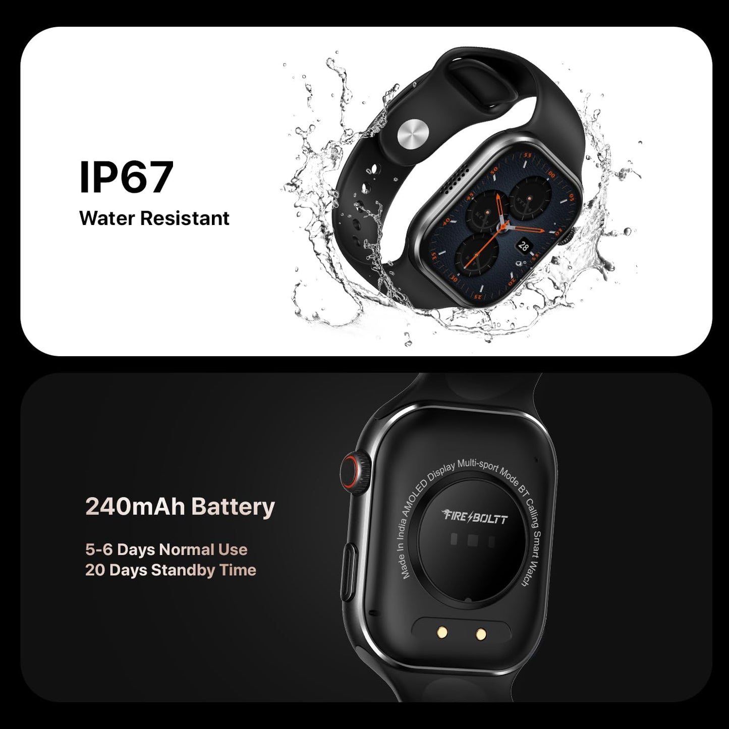 Fire-Boltt Brillia Smart Watch 2.02” Super AMOLED Display, Bluetooth Calling, SpO2, Heart Rate Monitor, 120+ Sports Modes, Fitness Tracker, Voice Assistant, Smart Watch for Man & Women– Black