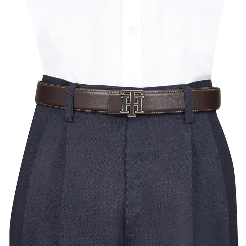 Tommy Hilfiger Men's Skibet Leather Belt - Th Interlock Monogram - Rich Brown For Classic Casual Styling & Gifting | Size M - 90 CM