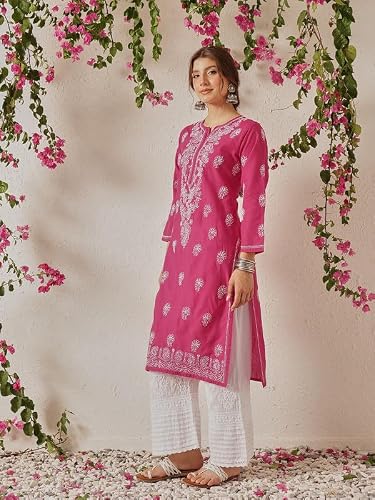 Ada Hand Embroidered Lucknowi Chikankari Cotton Kurti Kurta for Women A411775 Magenta (S)