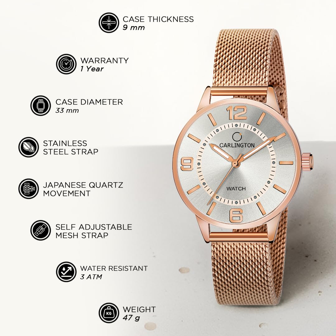 Carlington Stainless Steel Analog Dial Women & Girl's Watch- Elite 2020 (Rose White), Rose Gold Band