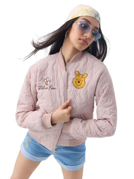 The Souled Store Disney: Bother Free Women and Girls Full Sleeves Spread Collar Quilted Embroidered Polyester Regular Fit Lightweight Casual Bomber Jacket