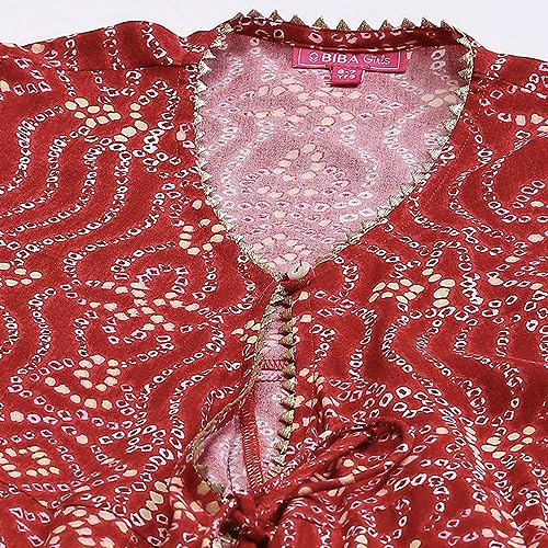 BIBA Rayon Girl Printed Straight Kid Kurta Pant With Dupatta Set (Kw4852_Red_13)