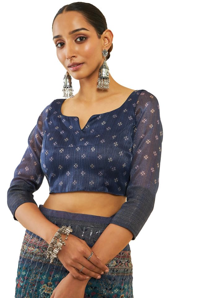 Soch Womens Teal Organza Pochampally Saree With Sequins