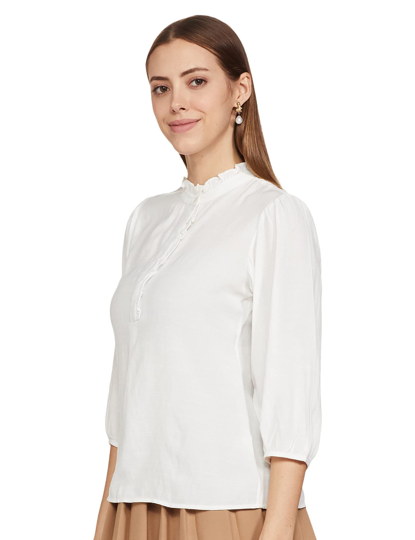 AND Women's Solid Regular Fit Shirt (EE22AB012TTR_Cream S)