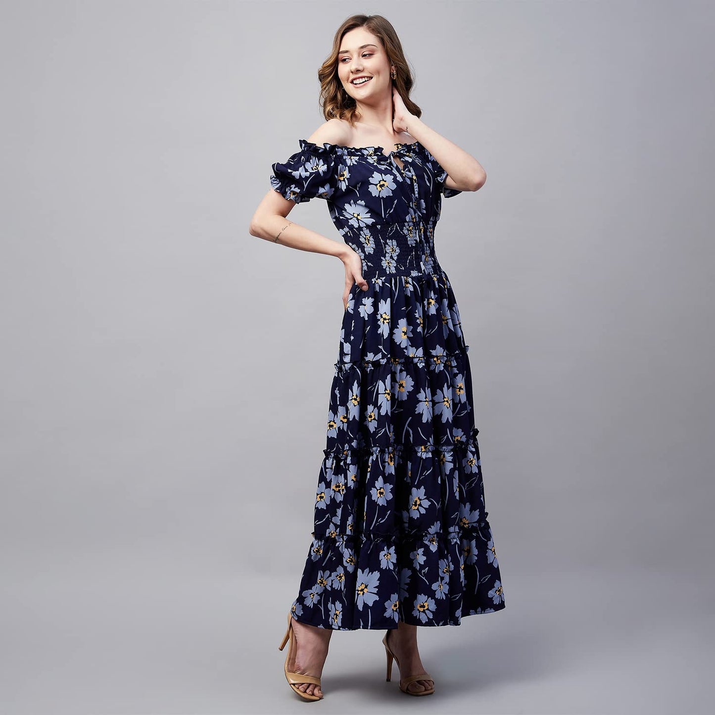 Carlton London Women's Crepe Fit and Flare Maxi Dress (CL657_Navy Blue_L)