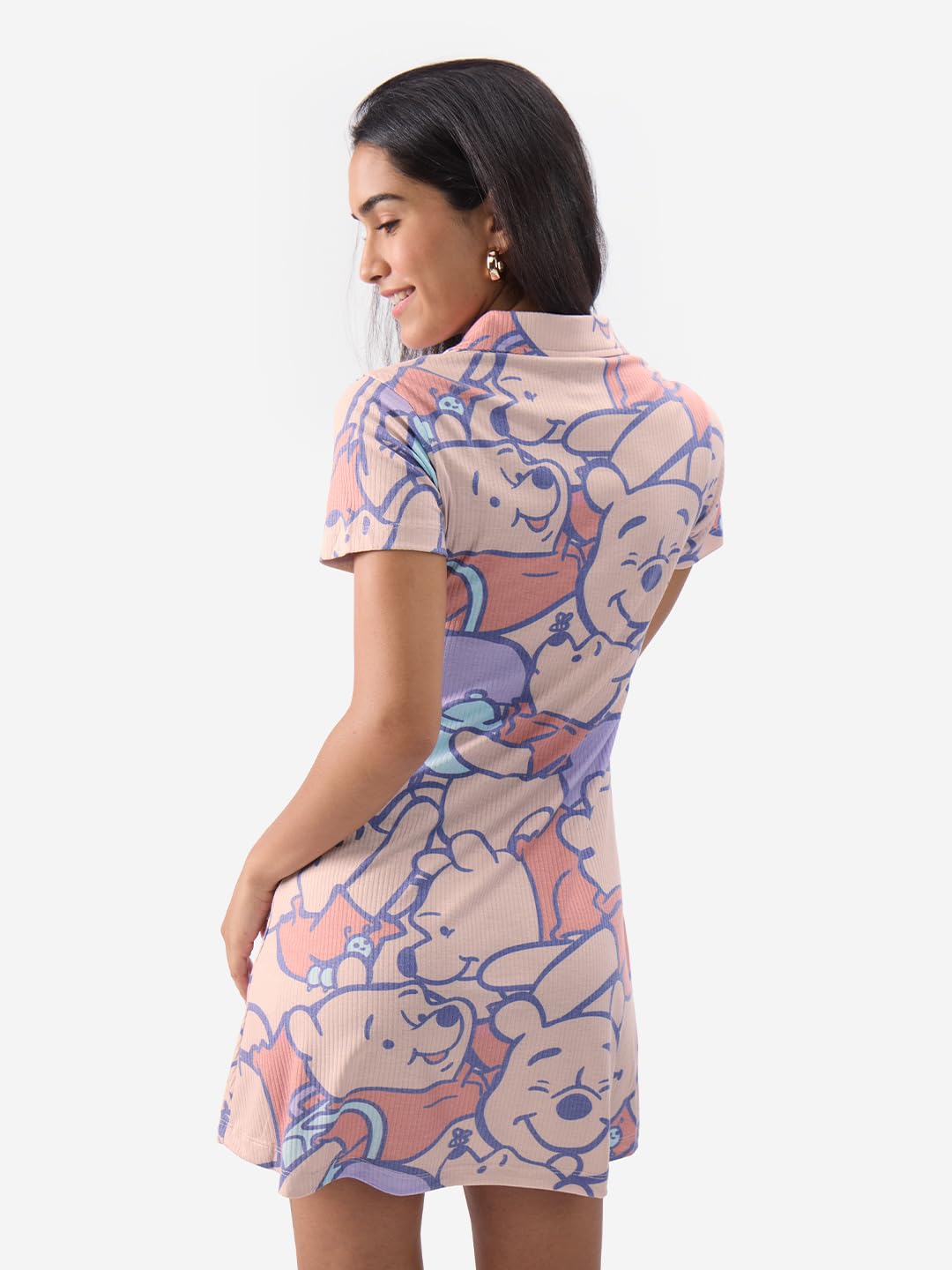 The Souled Store Official Winnie The Pooh: Faces Women and Girls Short Sleeves Collared Neck All Over Printed Polyester Blend Mini Dresses Multicolour