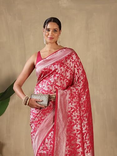 Meena Bazaar Woven Art Silk Saree With Blouse Piece | Pink
