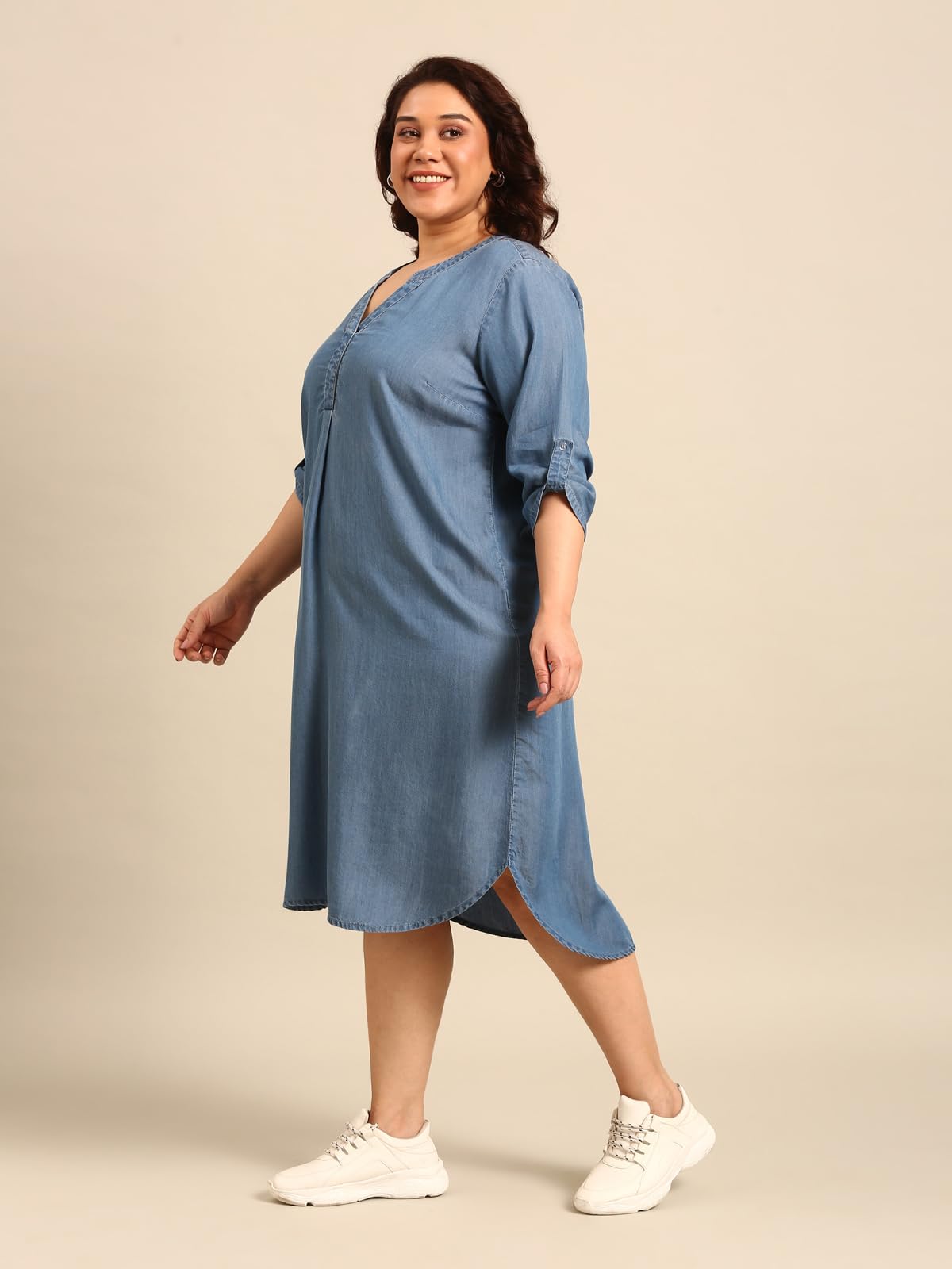 The Pink Moon Women's Midi A-Line Plus Size Denim Dress -  (DRS_NIM18_Tencel_Blue_3XL)
