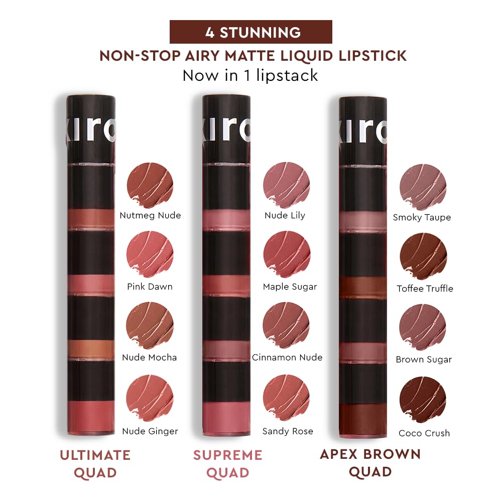 Kiro Four Play Non-Stop Airy Matte Liquid Lip Stack – Apex Brown, 6ml | 4 Brown Lipstick Shades | Long-lasting, Transfer-proof, Hydrating, Lightweight | Infused with Avocado & Apricot Oils