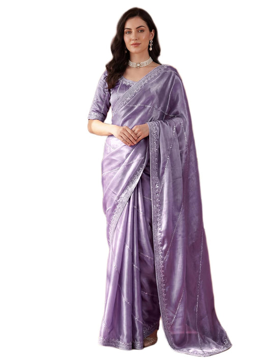 SIRIL Women's Tissue Silk Sequin Embroidery Saree with Unstitched Blouse Piece (4472S111A_Dusty Light Purple)