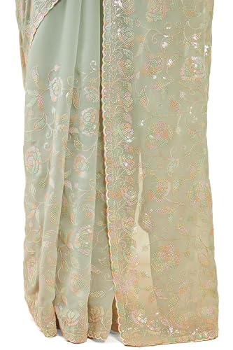 Soch Womens Sap Green Georgette Saree With Floral Embroidery And Sequins