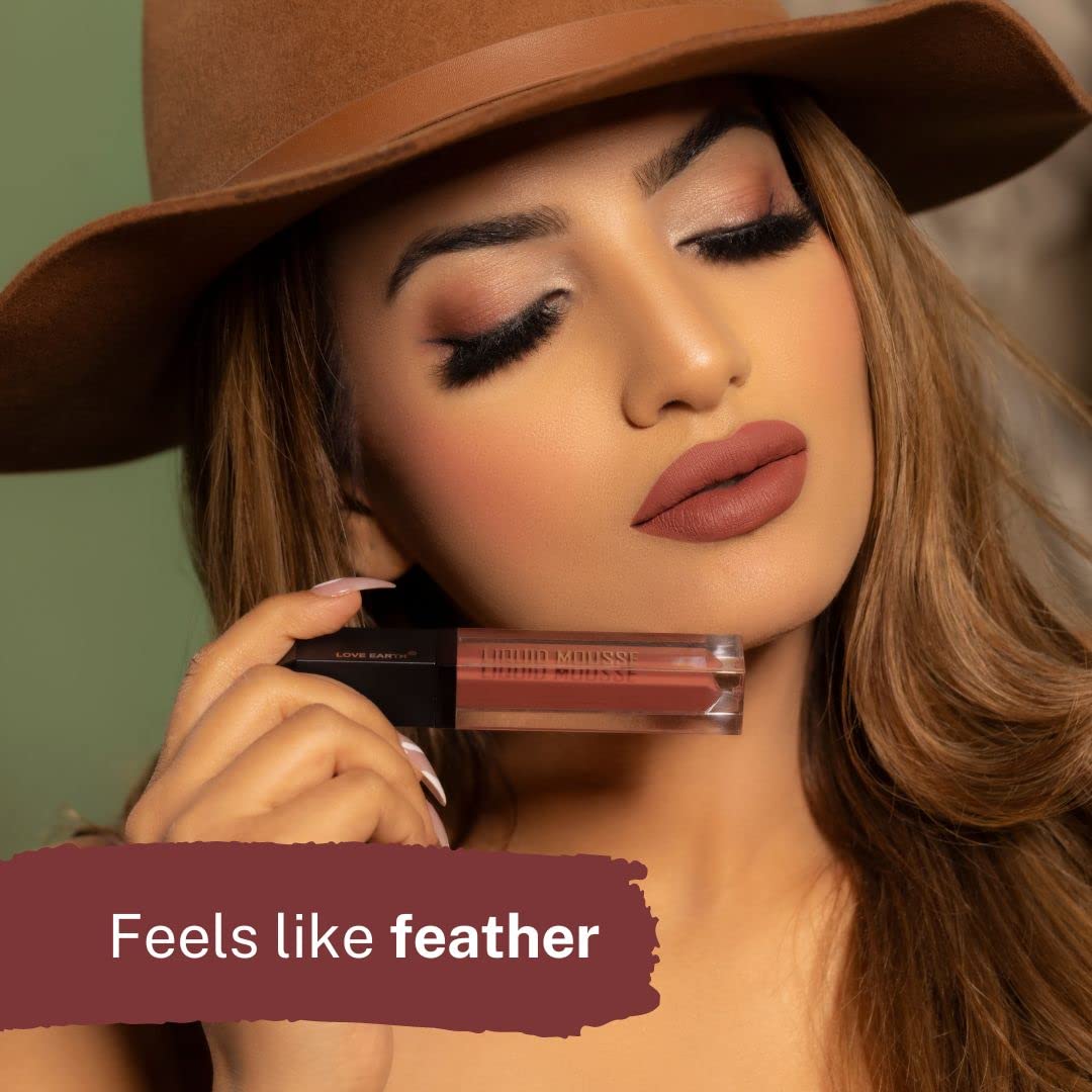 Love Earth Liquid Mousse Lipstick - Irish Coffee Matte Finish | Lightweight, Non-Sticky, Non-Drying,Transferproof, Waterproof | Lasts Up To 12 Hours With Vitamin E And Jojoba Oil - 6Ml