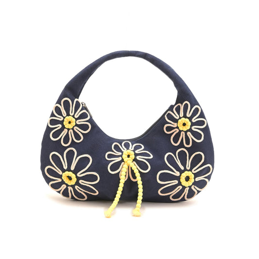 Boho Girl Indigo Blossom Tote Bag – Navy Blue Floral Handbag for Women with Embroidered Flowers, Padded Handle & Ribbon Detail – Chic Shoulder Bag for Travel, Brunch (Black & White)