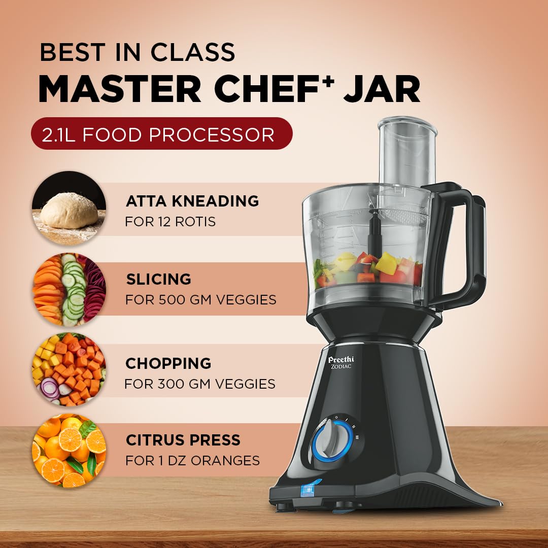 Preethi Zodiac MG-218 mixer grinder, 750 watt, Black/Light Grey, 5 jars - 3 In 1 insta fresh juicer Jar & Master chef food processor Jar, Vega W5 motor with 5yr Warranty & Lifelong Free Service