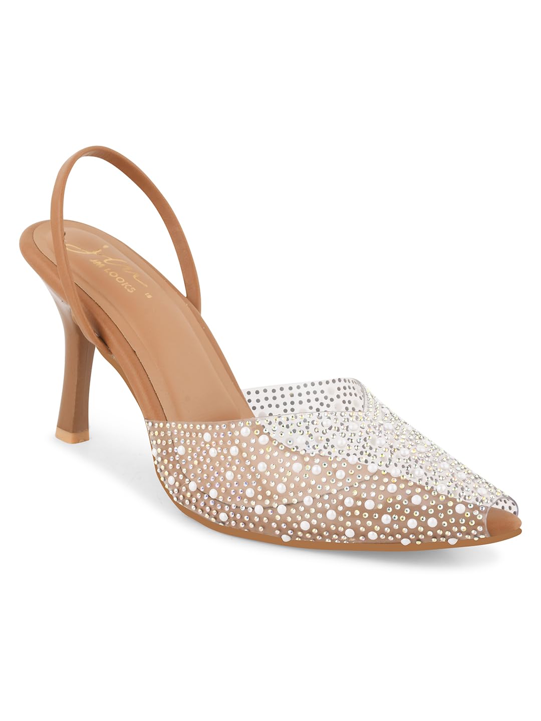 JM LOOKS Embellished & Sylish Kitten Heeled Sandal For Women & Girls | Women Fashion Sandals | (Tan, 38)
