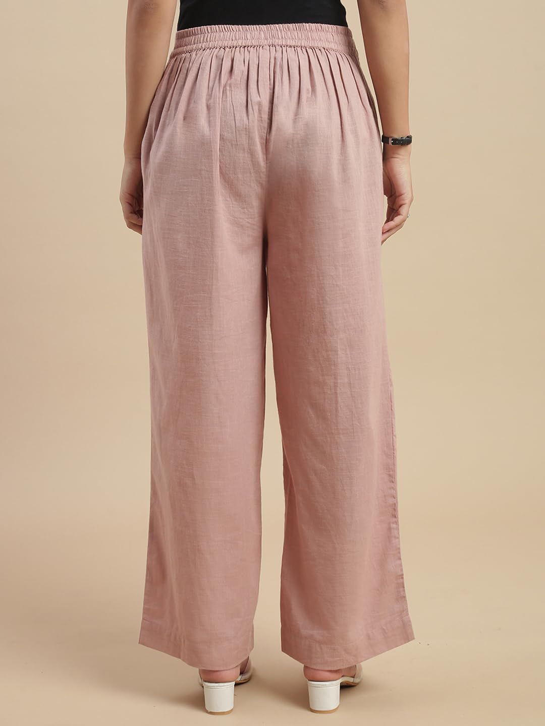 De Moza Women Regular Fit Straight Pant - Light Peach | 100% Cotton Slub | Mid Rise | 2 Pockets | Casual & Office Wear