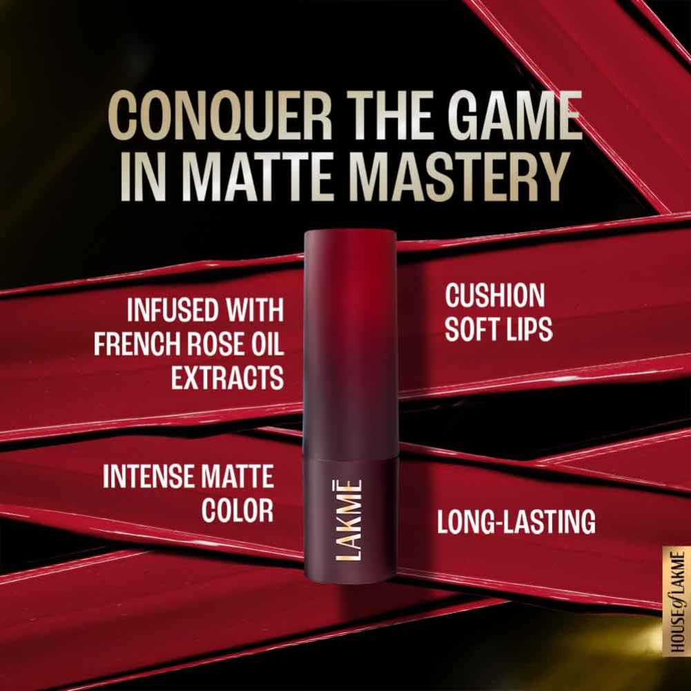 Lakme Forever Matte Lipstick, Waterproof, Non Drying, Creamy Matte Bullet Lipstick Made With French Rose Oil Extracts, Burgundy Bloom, 4.5g
