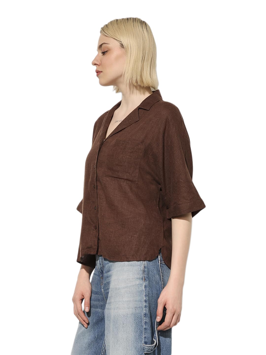 ONLY Spread Collar Extended Sleeves Pocket Oversized Shirt