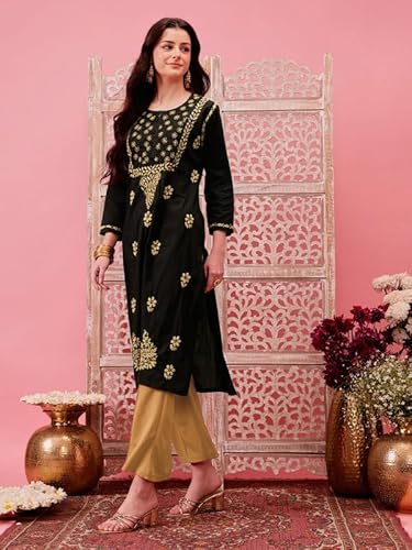 Ada Hand Embroidered Lucknowi Chikankari Cotton Kurti Kurta for Women A411773 Black & Fawn (4XL)
