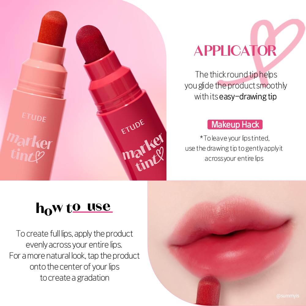 ETUDE Dear Darling Marker Tint| Hydrating & Long Lasting Lip Stain | High Pigmented Lip Maker with Easy Drawing Tip | Korean Lip Tint, Korean Makeup, Kbeauty, 01 Raspberry Pop- 3.5g