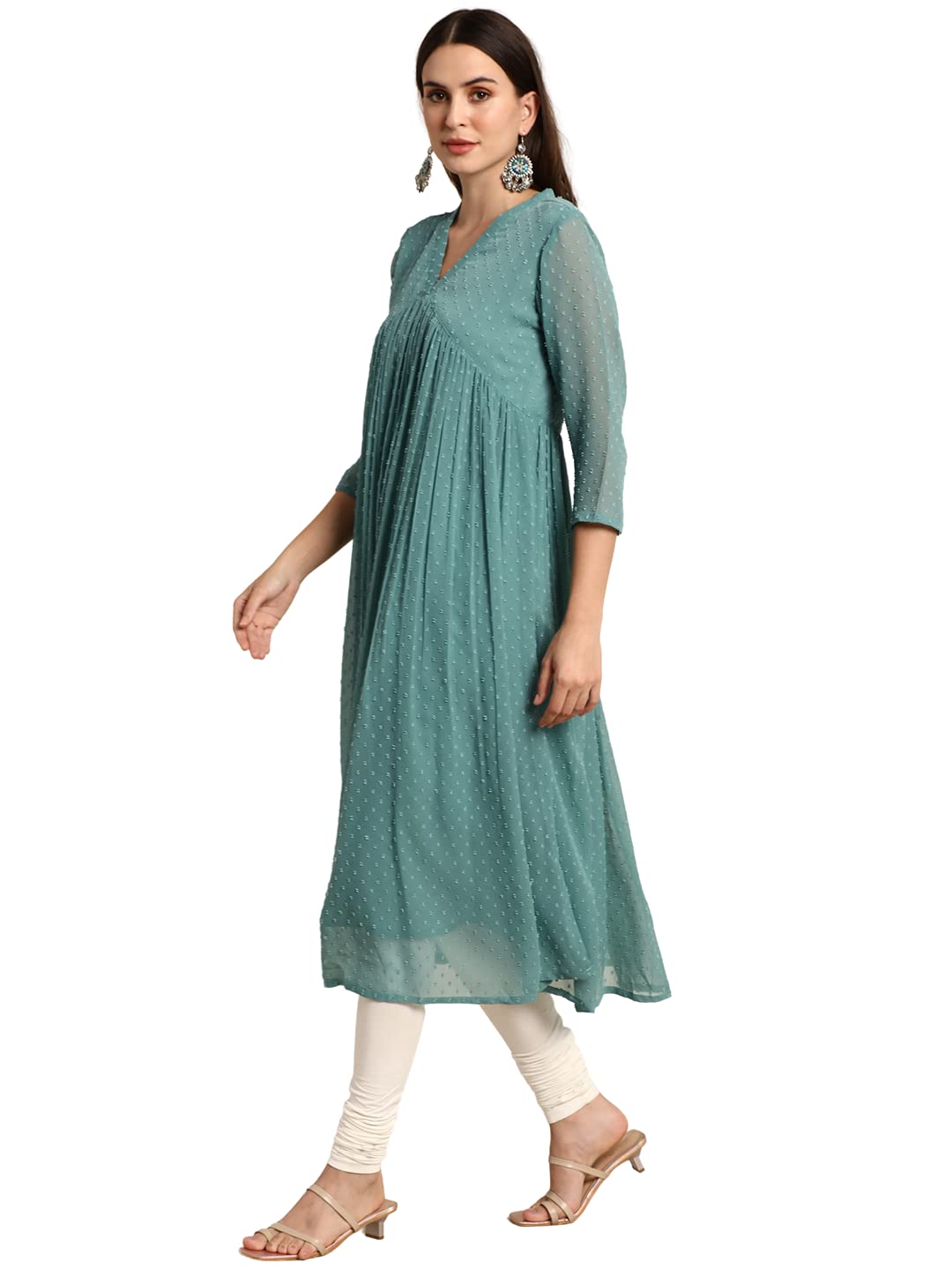 Janasya Women's Green Poly Chiffon Self Design Flared Western Dress(JNE3797-KR-XS)