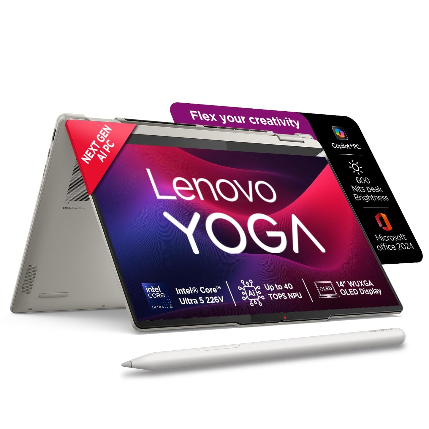 Lenovo Yoga 7 2-in-1 Intel Evo Core Ultra 5 226V (16GB RAM/1TB SSD/14 (35.5cm)/WUXGA OLED/Copilot+ PC/Windows 11/Office Home 2024/Yoga Pen/1Yr ADP/Seashell/1.38Kg), 83JQ000XIN Convertible Laptop