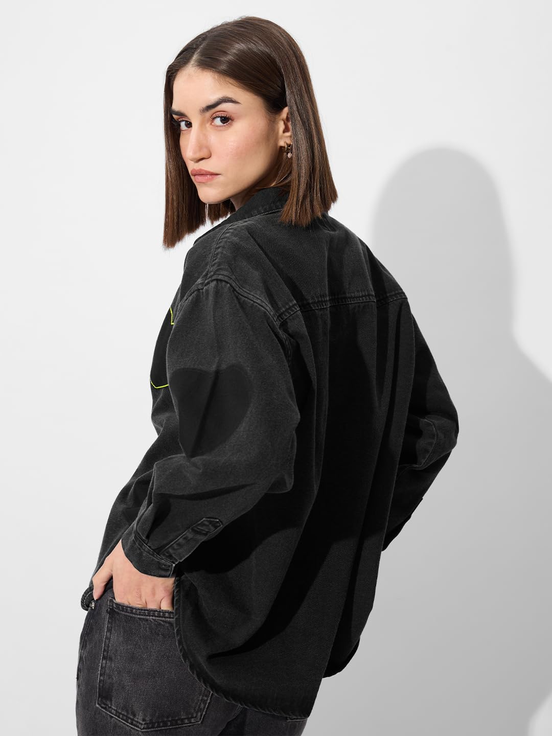 The Souled Store Originals: Little Hearts Denim Women and Girls Long Sleeve Oversized Fit Cotton Shackets