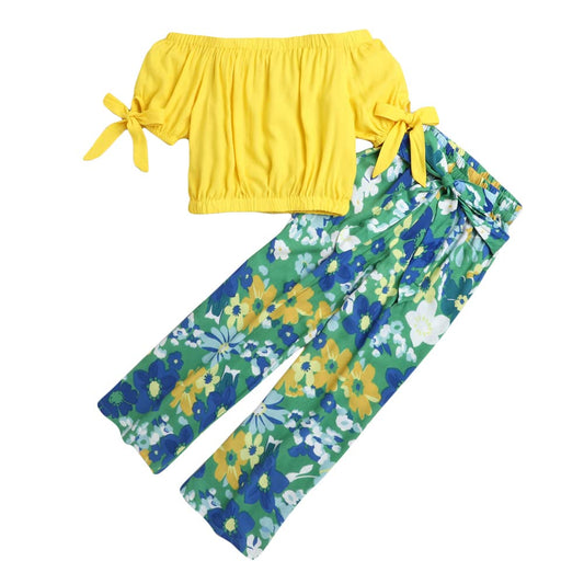 Hopscotch Cotton Girls Floral Print Top Pant Set In Yellow Color For Ages 7-8 Years